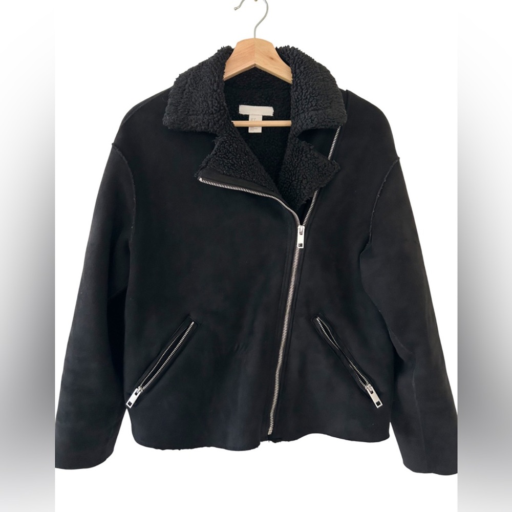 H&M Jacket Women’s Bikercore Moto Faux Suede Fleece Lined Grunge Size 6